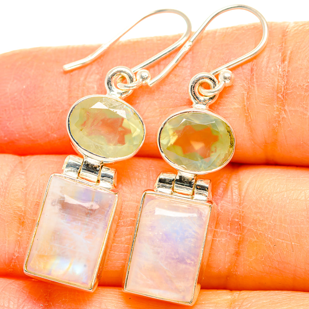 Sterling silver drop earrings: round green gemstone with iridescent rectangular stone dangles