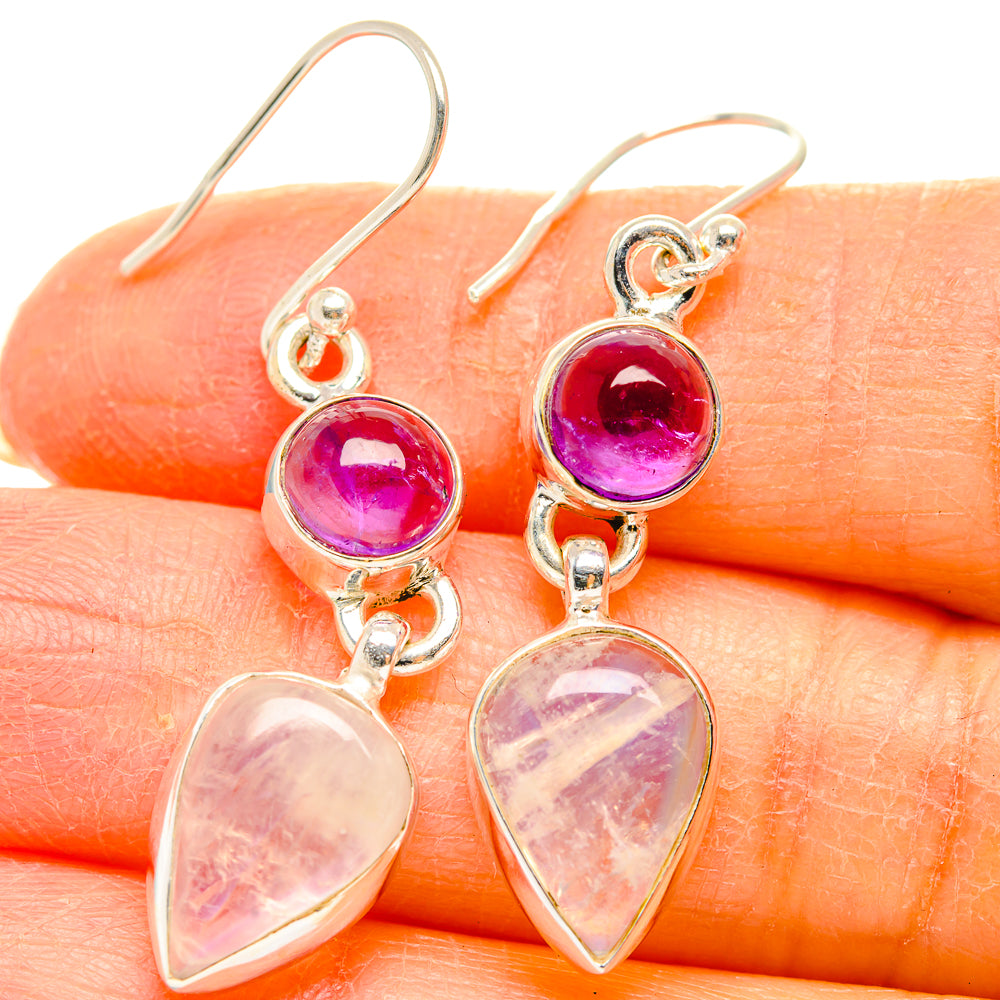 Silver amethyst and rainbow moonstone drop earrings with round purple tops and heart drops