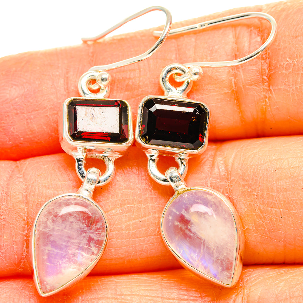 Silver drop earrings with red square gemstone and pink teardrop moonstone dangles