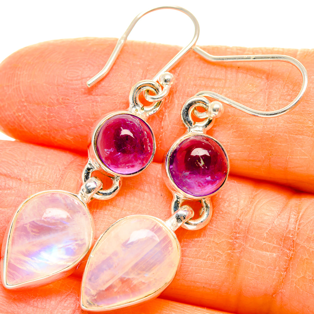 Sterling silver drop earrings with pink round stones and opal heart dangles