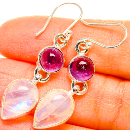 Sterling silver drop earrings with pink round stones and opal heart dangles
