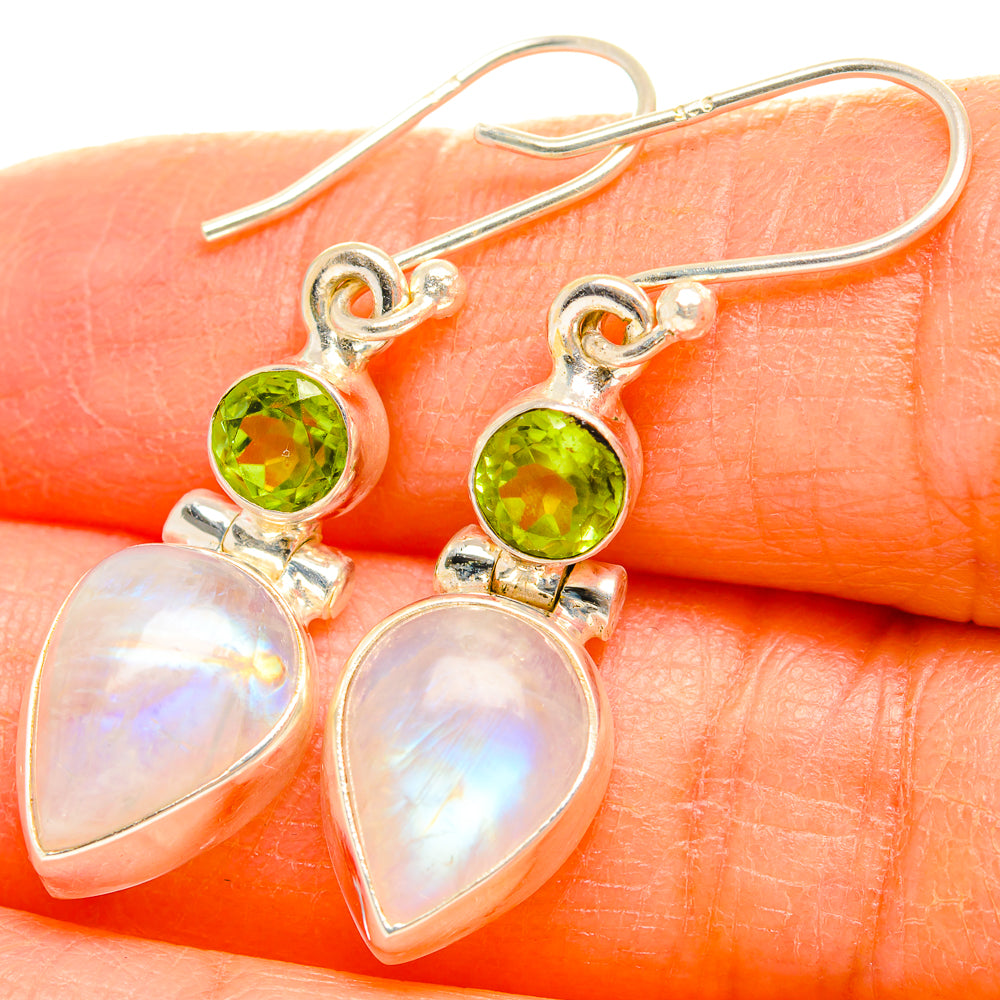 Sterling silver hook earrings with green peridot and opalescent teardrop drops