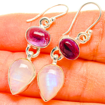 Sterling silver three-stone drop earrings with purple amethyst and opal moonstone
