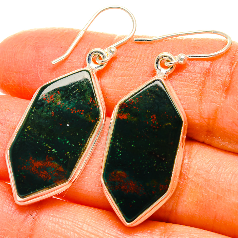 925 sterling silver drop earrings with green bloodstone cabochon, teardrop shape
