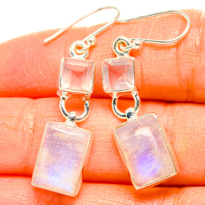 Sterling silver hook earrings with square rose-pink iridescent top and bottom stones