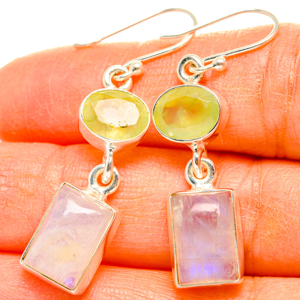925 sterling silver earrings with green round prehnite and purple rectangular stone drops