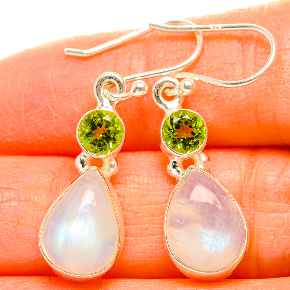 925 sterling silver earrings with round green peridot and teardrop moonstone dangles