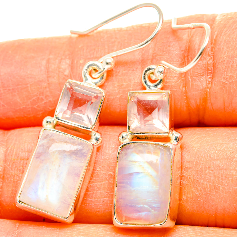 925 sterling silver dangle earrings with pink opal-like square stones and lever hooks