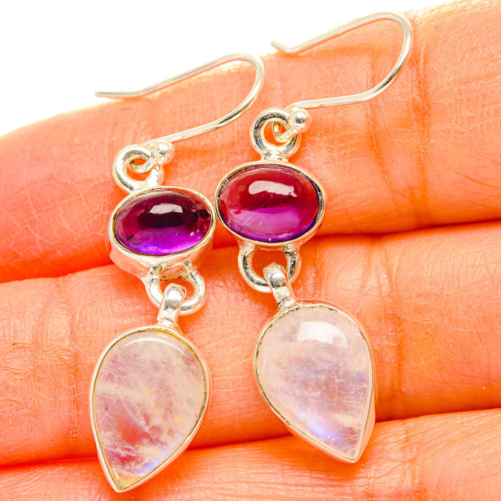 Silver drop earrings with purple oval amethyst and pink pear moonstone dangles