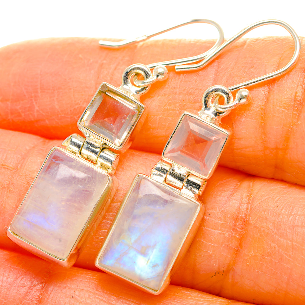 Rainbow moonstone drop earrings with two square opal stones, sterling silver hooks