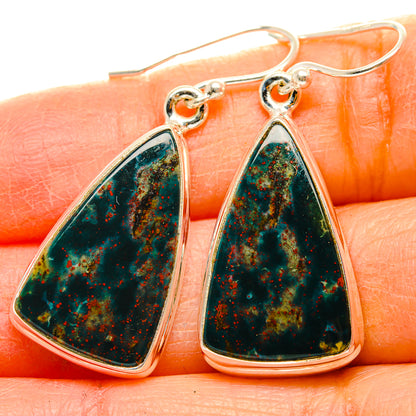Bloodstone earrings close-up: 925 sterling silver teardrop dangle with green-blue speckled stone
