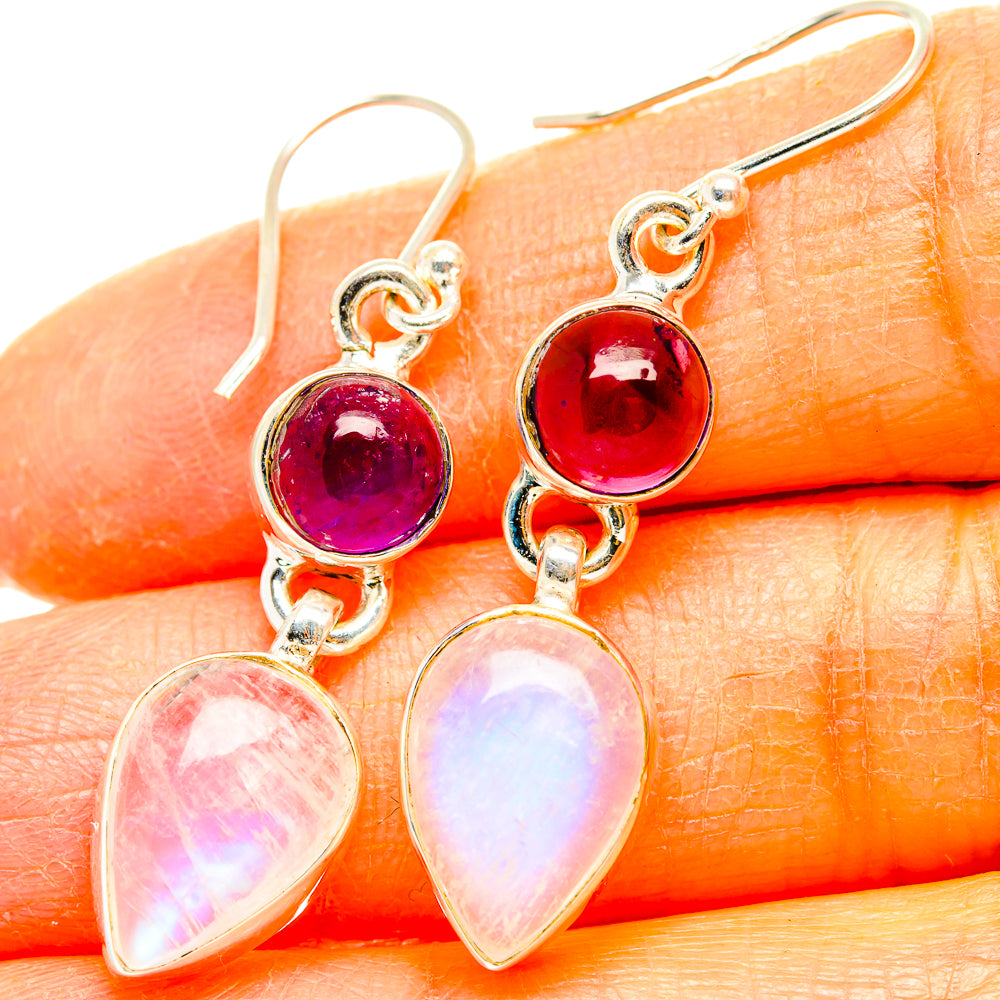 925 sterling silver drop earrings with red & purple round stones and pear opal dangles
