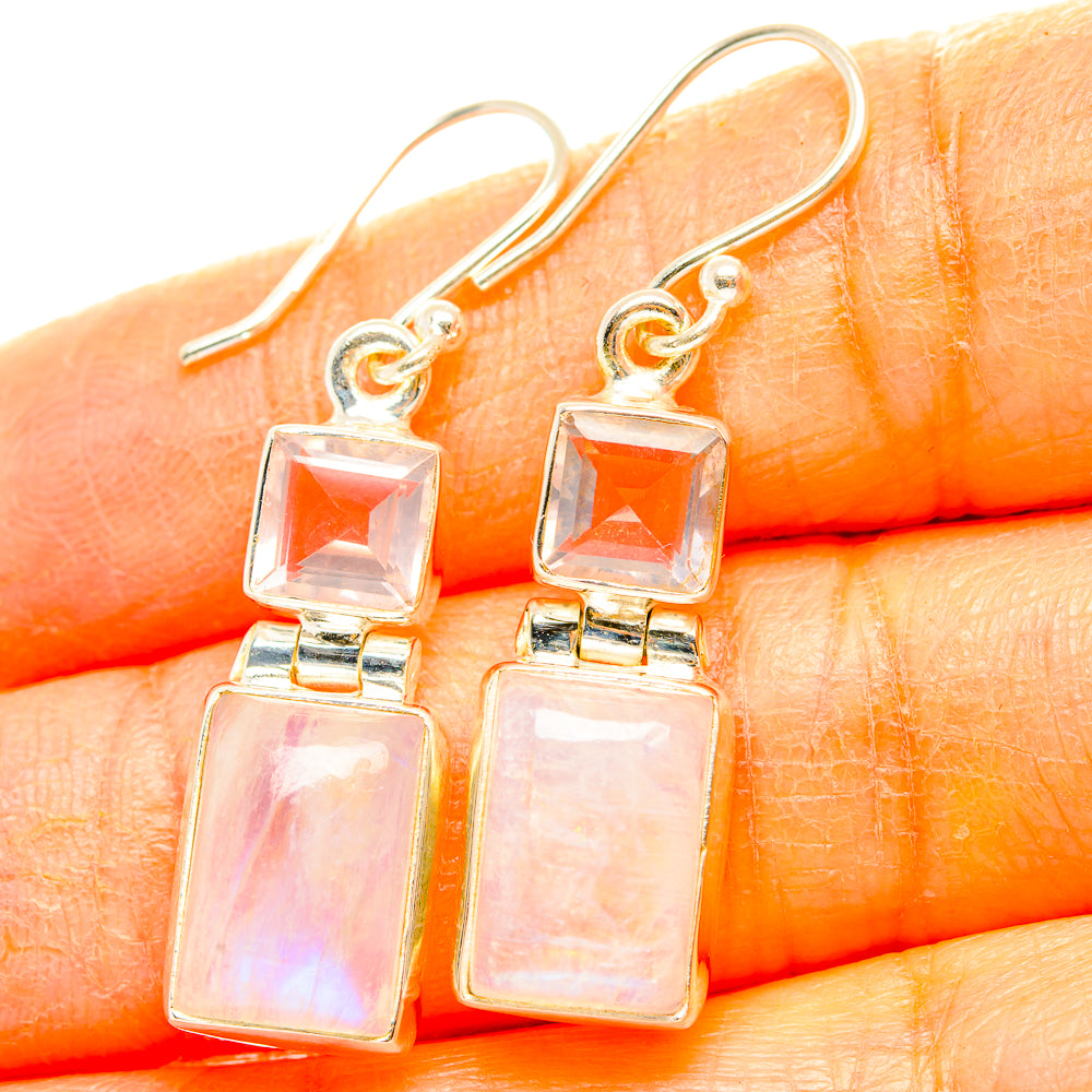 Rose quartz square drop earrings, silver-tone hooks, two stacked iridescent stones