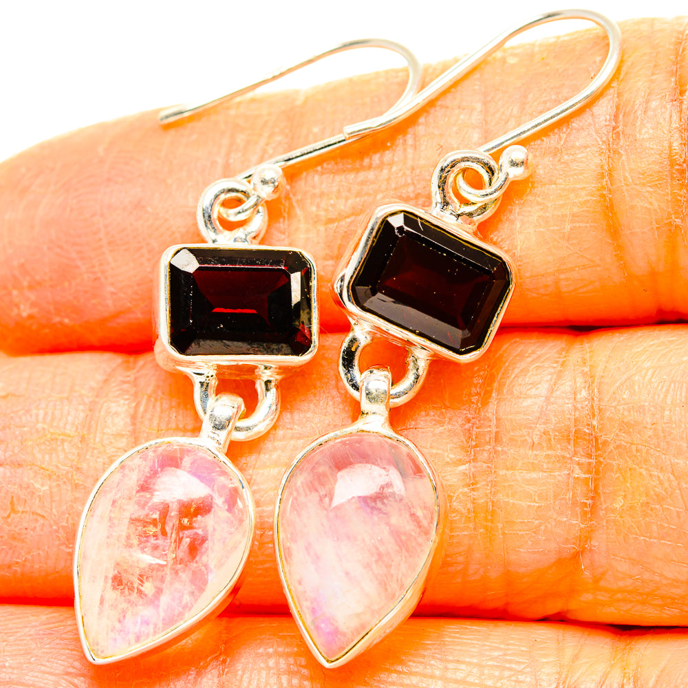 Rainbow Moonstone, Garnet Earrings handcrafted by Ana Silver Co - EARR429853