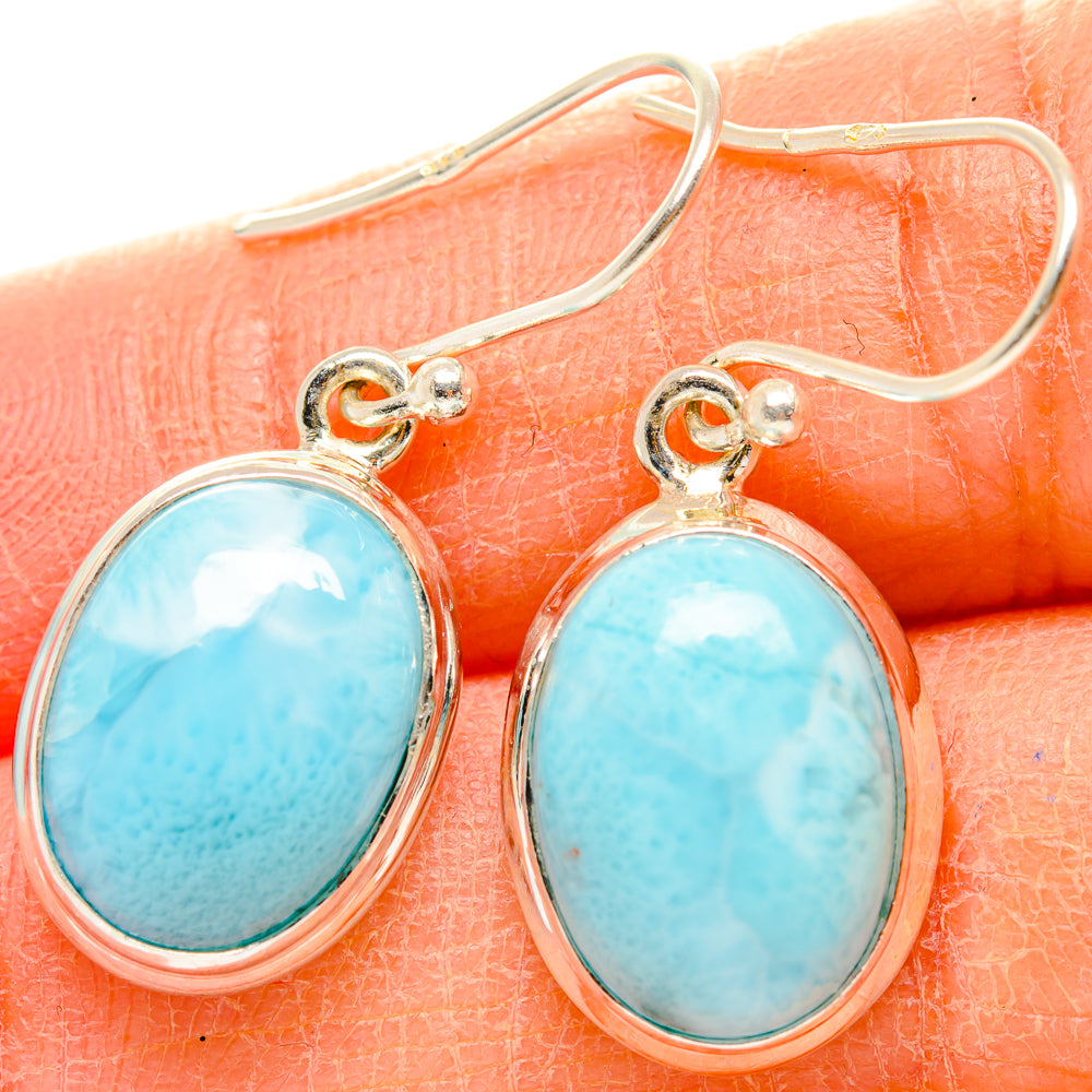 Oval Larimar cabochon earrings in 925 sterling silver with hook backs