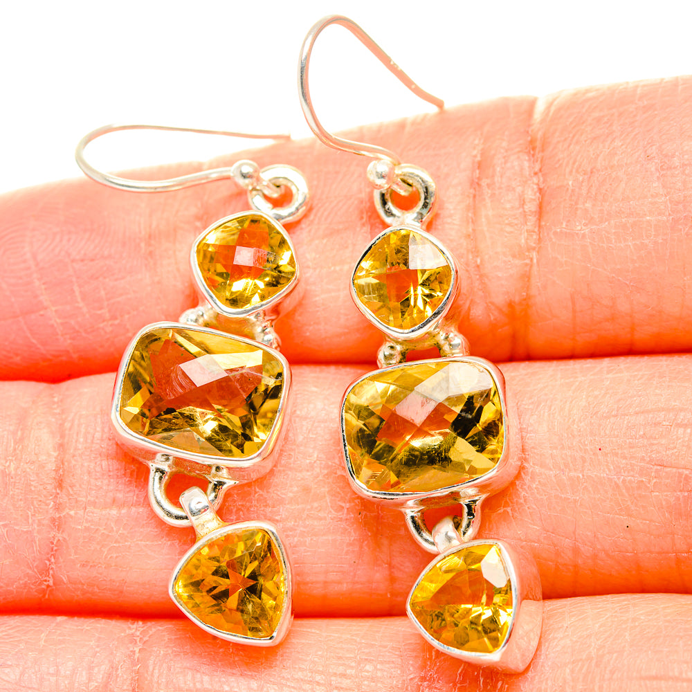 Sterling silver citrine drop earrings, faceted heart and triangle stones, lever hooks