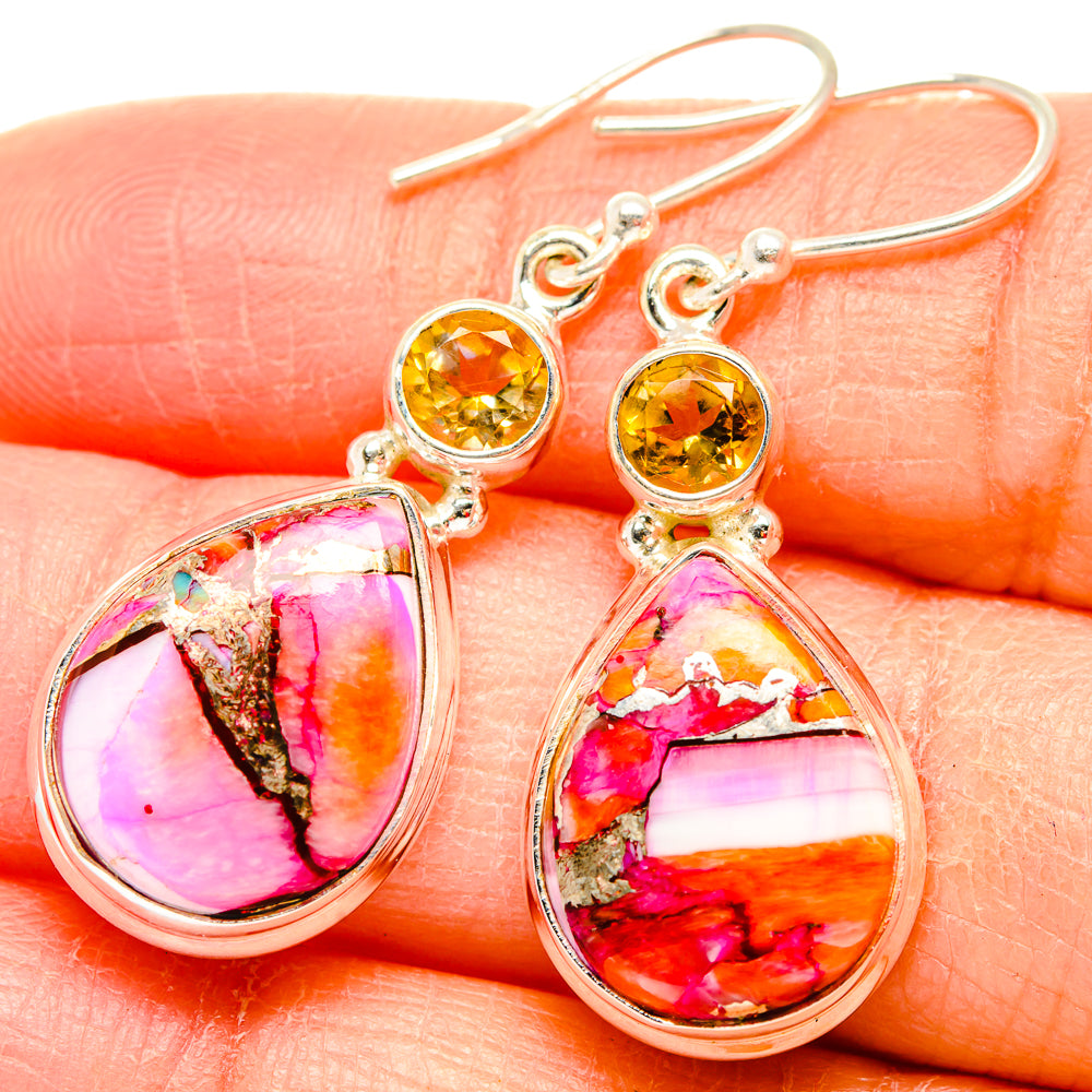 Sterling silver earrings with citrine round tops and pink-orange teardrop opal-style stones