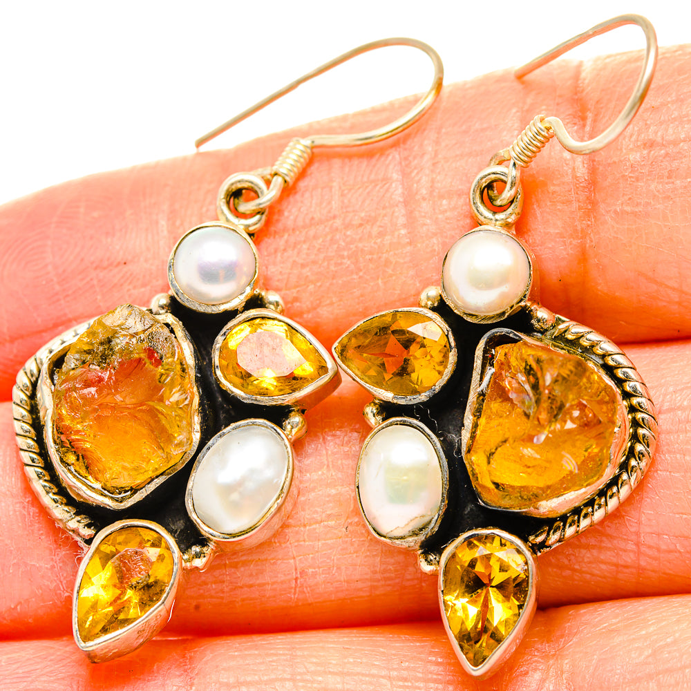 Drop earrings with citrine teardrops, round cultured pearls, and gold-tone settings