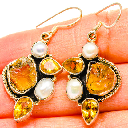 Drop earrings with citrine teardrops, round cultured pearls, and gold-tone settings