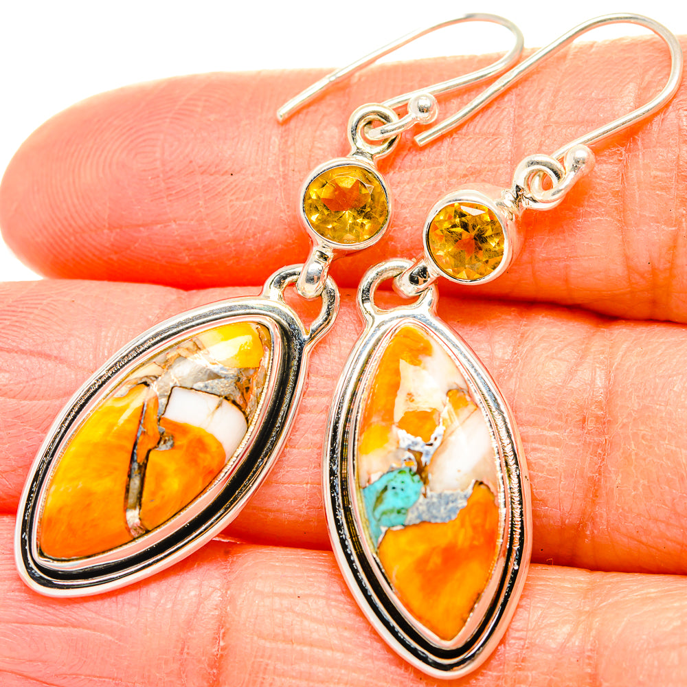 Turquoise citrine drop earrings, silver oval bezel with orange cabochon and hook
