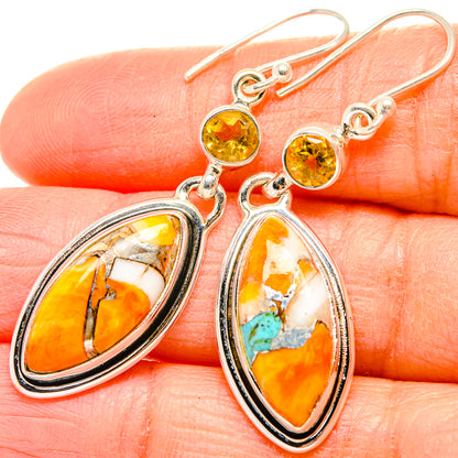 Turquoise citrine drop earrings, silver oval bezel with orange cabochon and hook