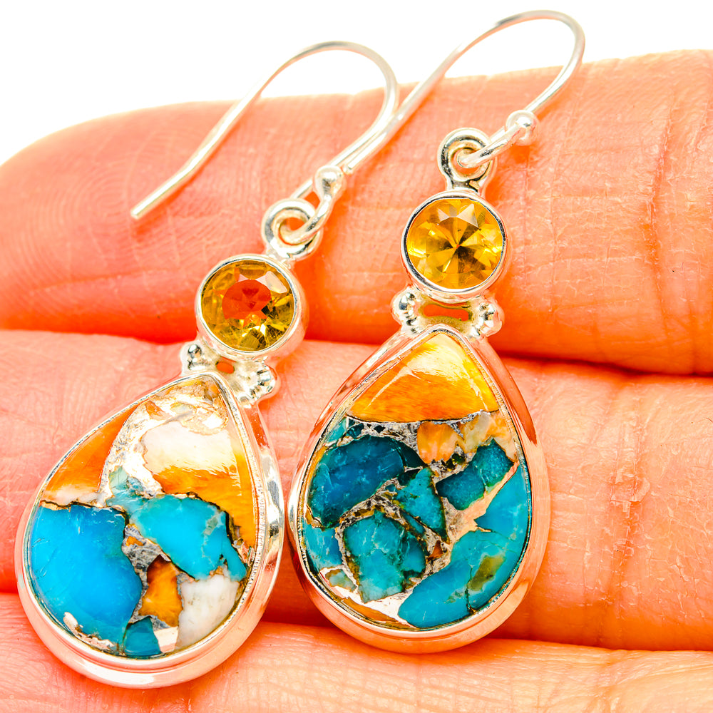 Turquoise and citrine teardrop drop earrings, 925 sterling silver with round yellow tops