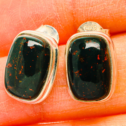 Bloodstone earrings in oval green stone with red speckles, 925 sterling silver bezel