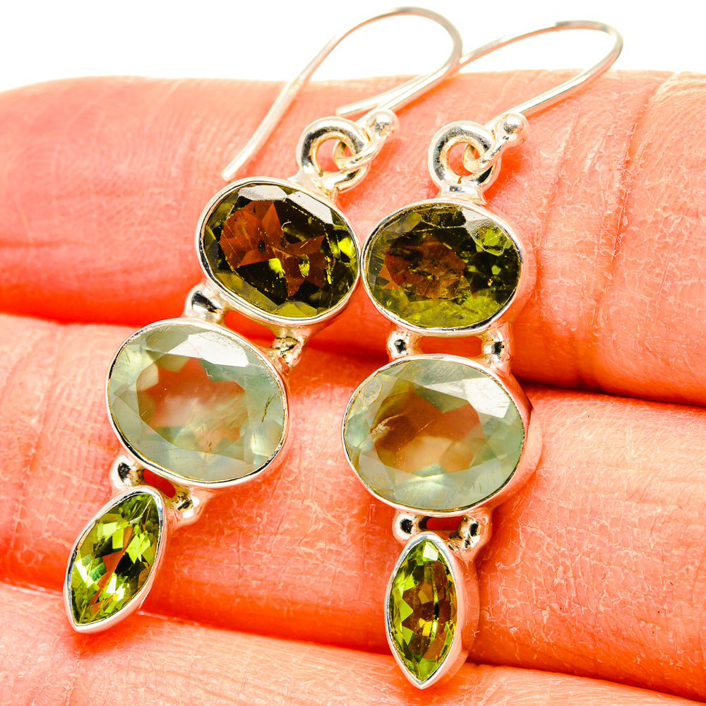 Sterling silver drop earrings with round green peridot, oval prehnite, and marquise accents