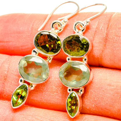 Sterling silver drop earrings with round green peridot, oval prehnite, and marquise accents