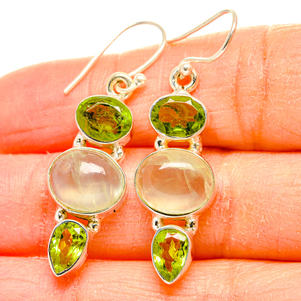925 sterling silver drop earrings with green oval and teardrop stones and pale round centers