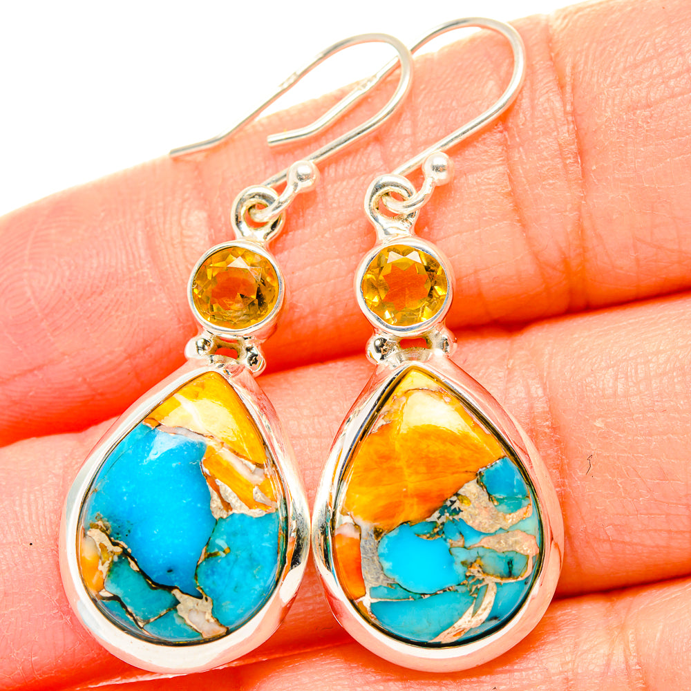 Turquoise and orange teardrop earrings with citrine tops, sterling silver hooks.