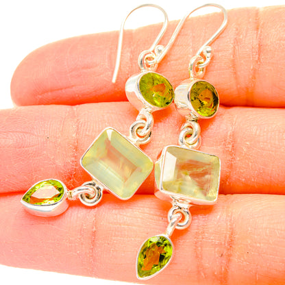 Green gemstone dangle earrings with sterling silver hooks, round and square drops