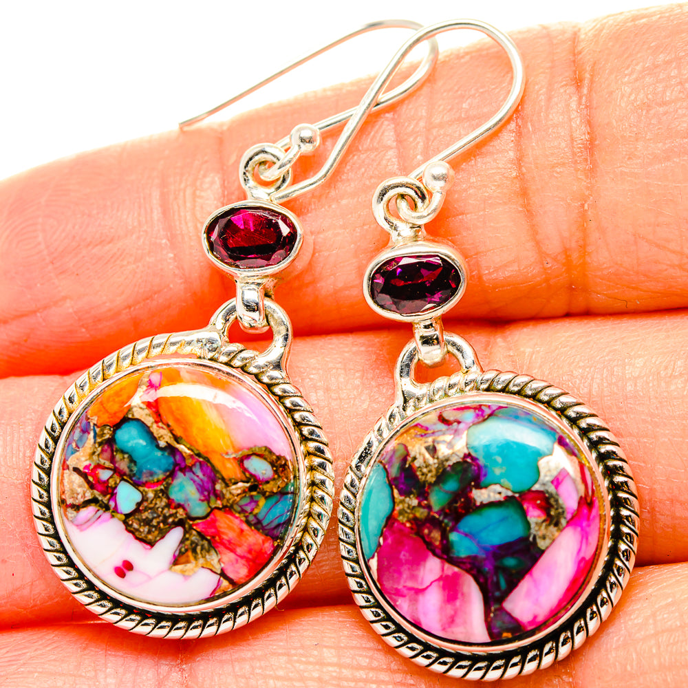 Kingman Pink Dahlia Turquoise, Garnet Earrings handcrafted by Ana Silver Co - EARR430352