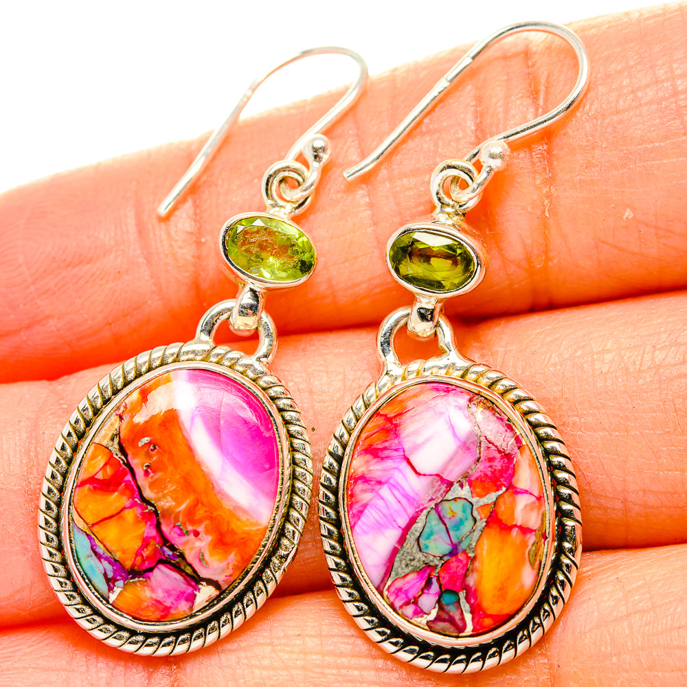 Kingman Pink Dahlia Turquoise, Peridot Earrings handcrafted by Ana Silver Co - EARR430392