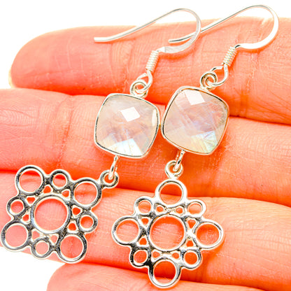 Rainbow moonstone drop earrings, 925 sterling silver flower dangles with square iridescent stones