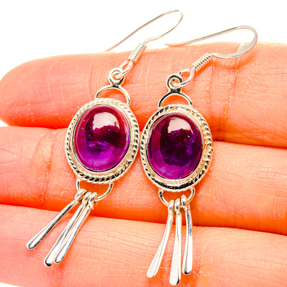 Amethyst oval drop earrings in 925 sterling silver, glossy purple stone with tassel dangles
