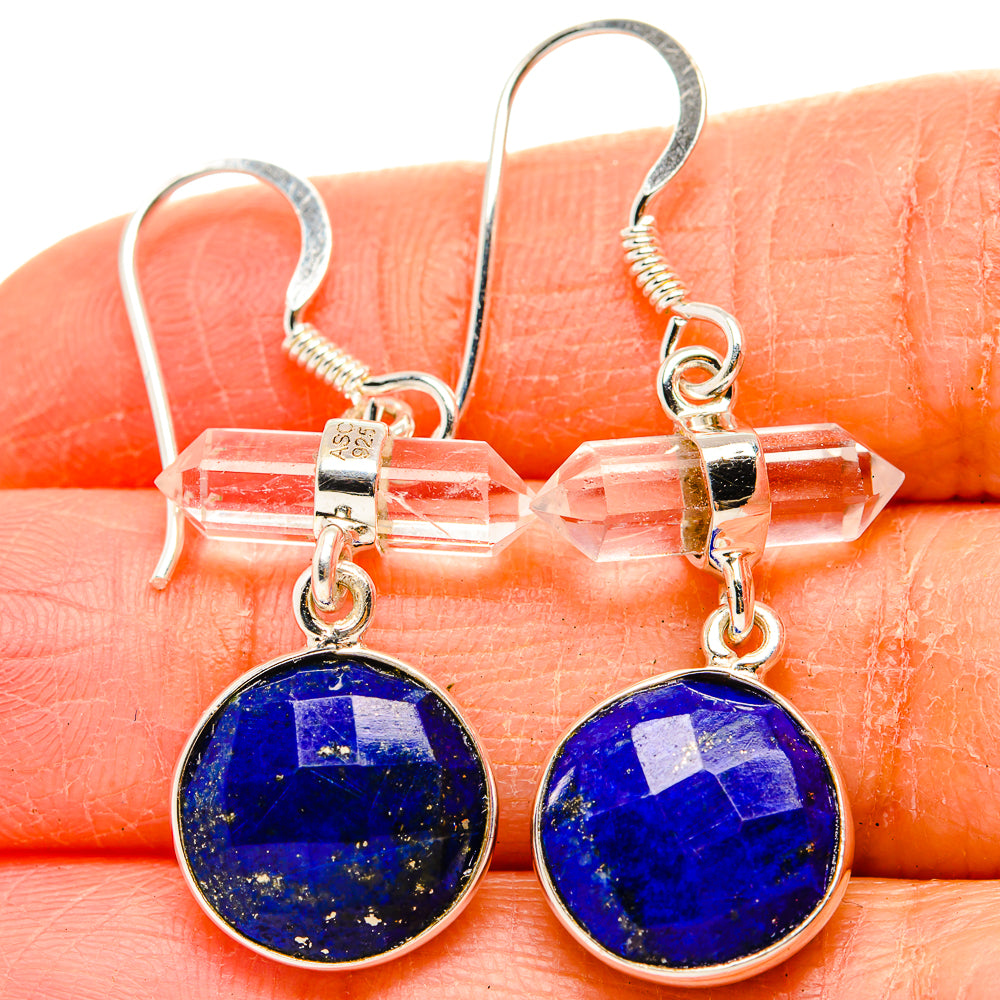 Sterling silver lapis lazuli round drop earrings with clear quartz bar accents