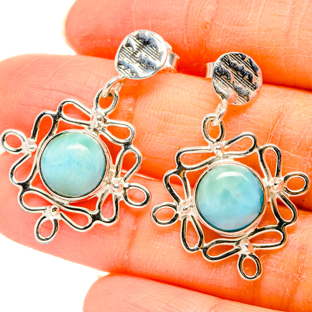 Larimar and sterling silver drop earrings with round aqua cabochon and ornate filigree