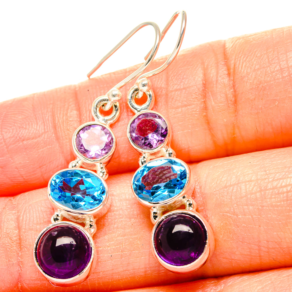 925 sterling silver drop earrings with round purple and blue gemstone clusters