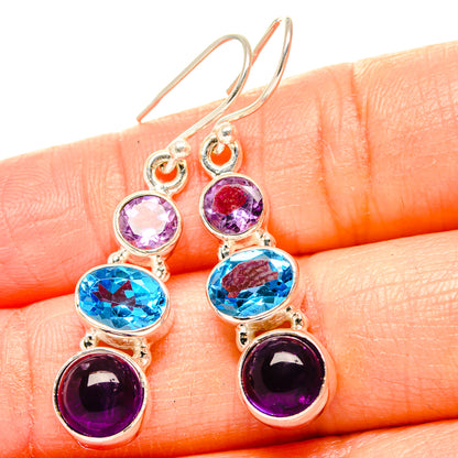 925 sterling silver drop earrings with round purple and blue gemstone clusters