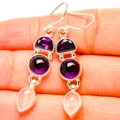 Sterling silver amethyst and rose quartz drop earrings with heart-shaped purple stones