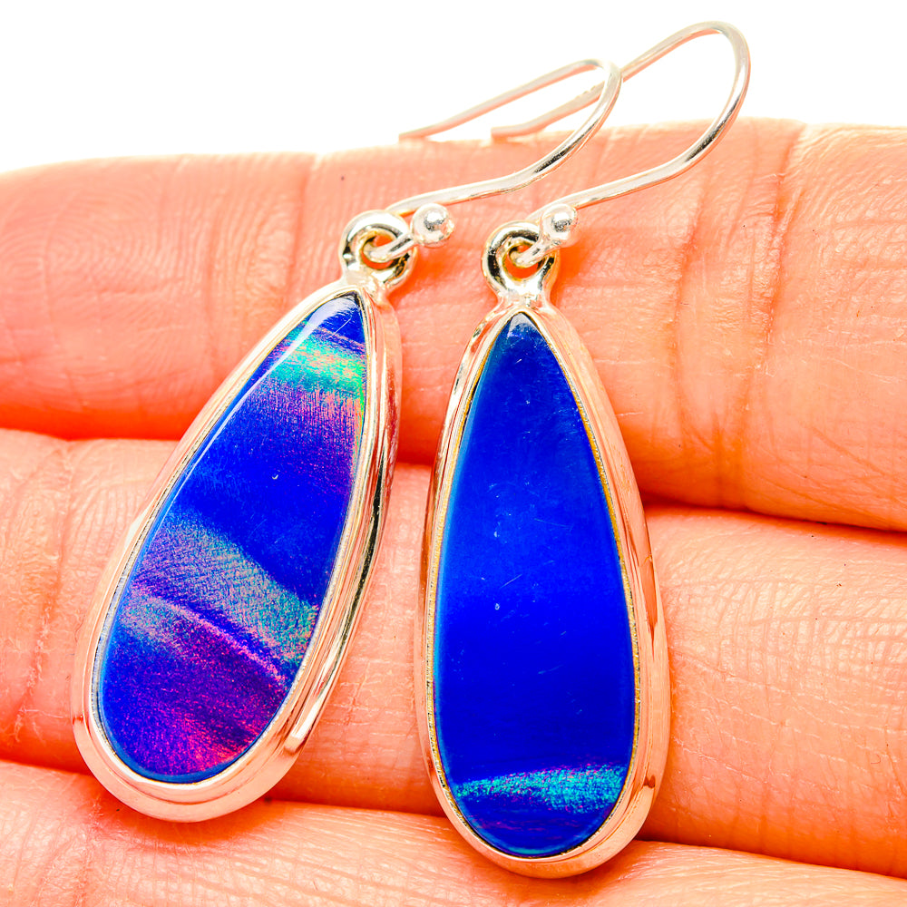 Teardrop opal earrings, blue-purple iridescent centers on silver hooks