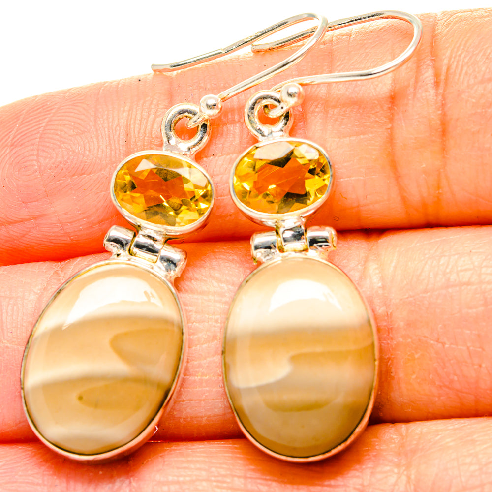 Silver drop earrings with faceted citrine top and oval mookaite bottom
