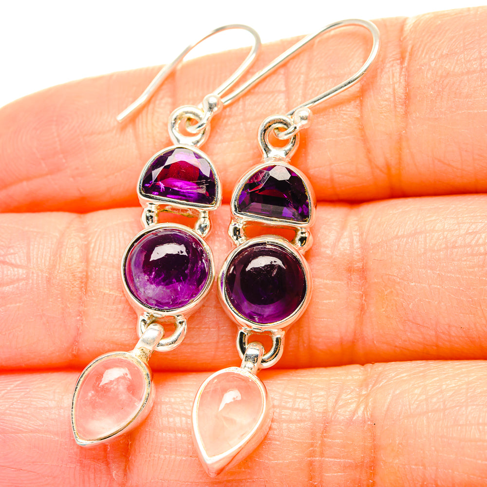 925 sterling silver amethyst and rose quartz dangle earrings, faceted purple oval and pink drop
