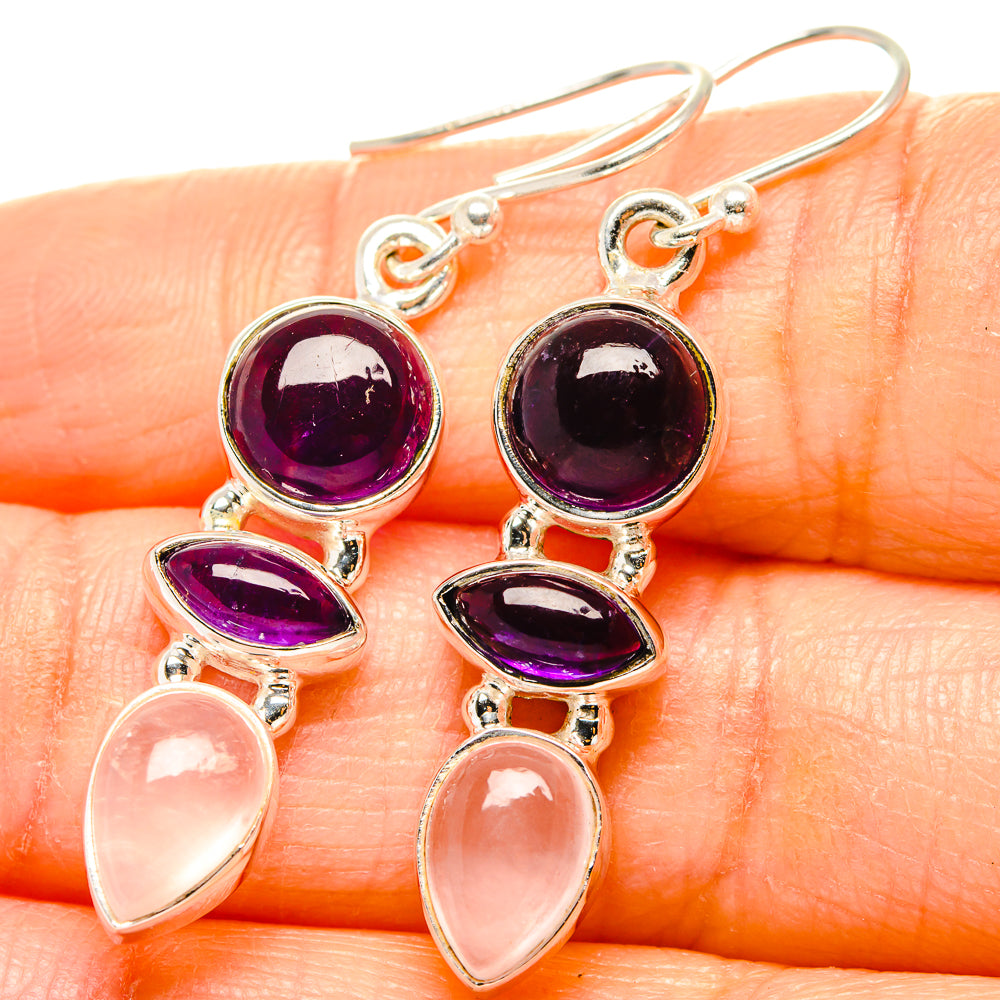 Amethyst and rose quartz drop earrings in 925 sterling silver, purple and pale pink stones