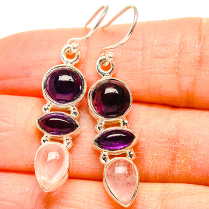 Silver amethyst and rose quartz drop earrings, round purple stones with pale pink teardrops