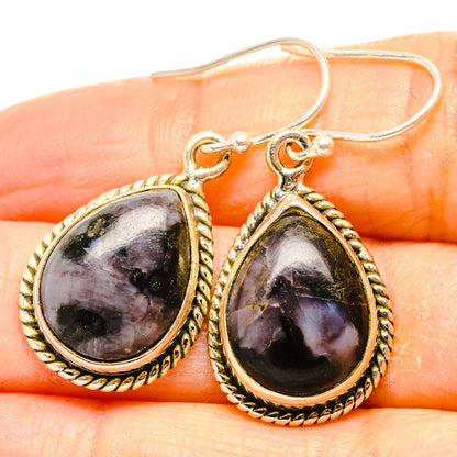 Gabbro stone drop earrings in teardrop frames with rope border, gold-tone 925 hooks