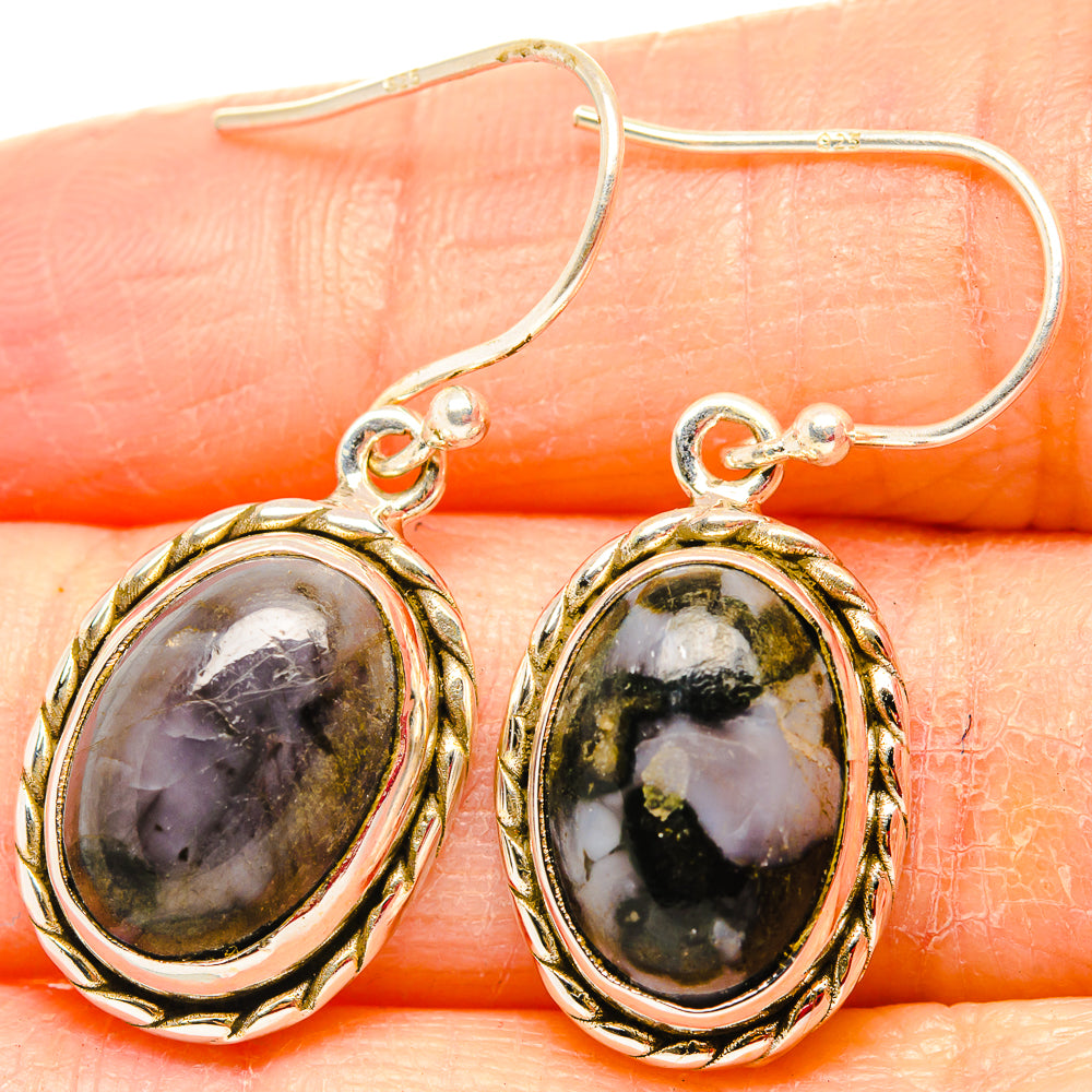 Oval gabbro stone drop earrings with gold-tone bezel and 925 sterling silver hooks