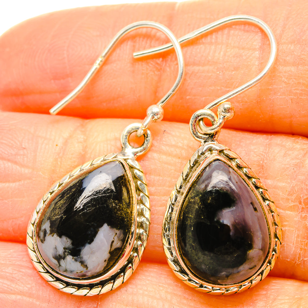 925 sterling silver teardrop gabbro stone drop earrings, ornate gold-tone frame, fishhook
