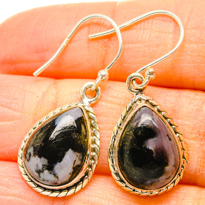 925 sterling silver teardrop gabbro stone drop earrings, ornate gold-tone frame, fishhook